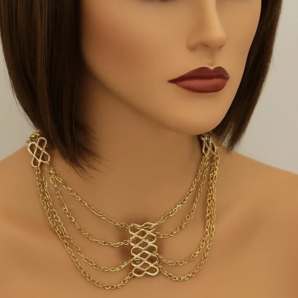 Women’s Gold Multi Strand Statement Necklace Bold Fashion Jewelry